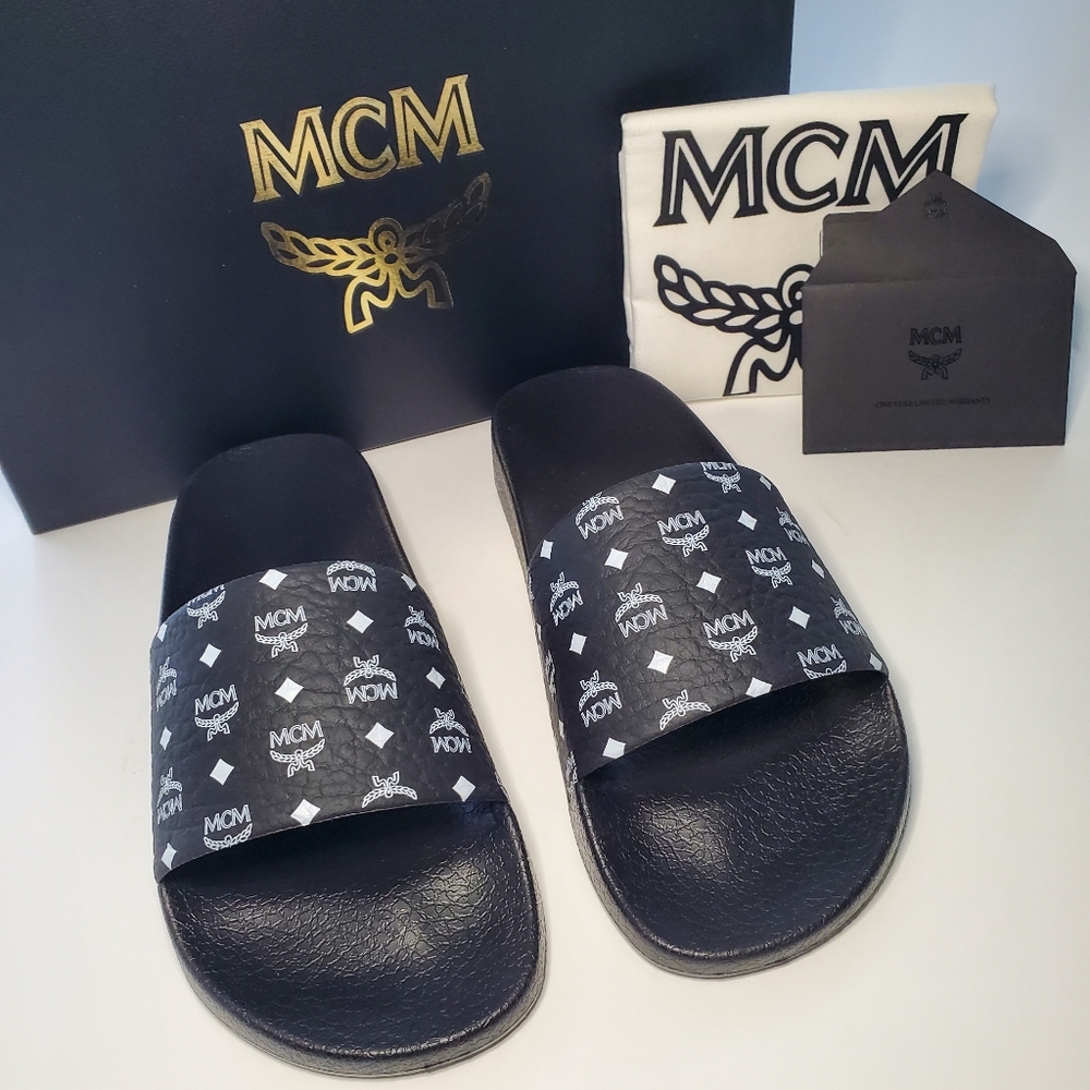 MCM Monogram Print Slide Sandals Black White Women Size 38 Shoes